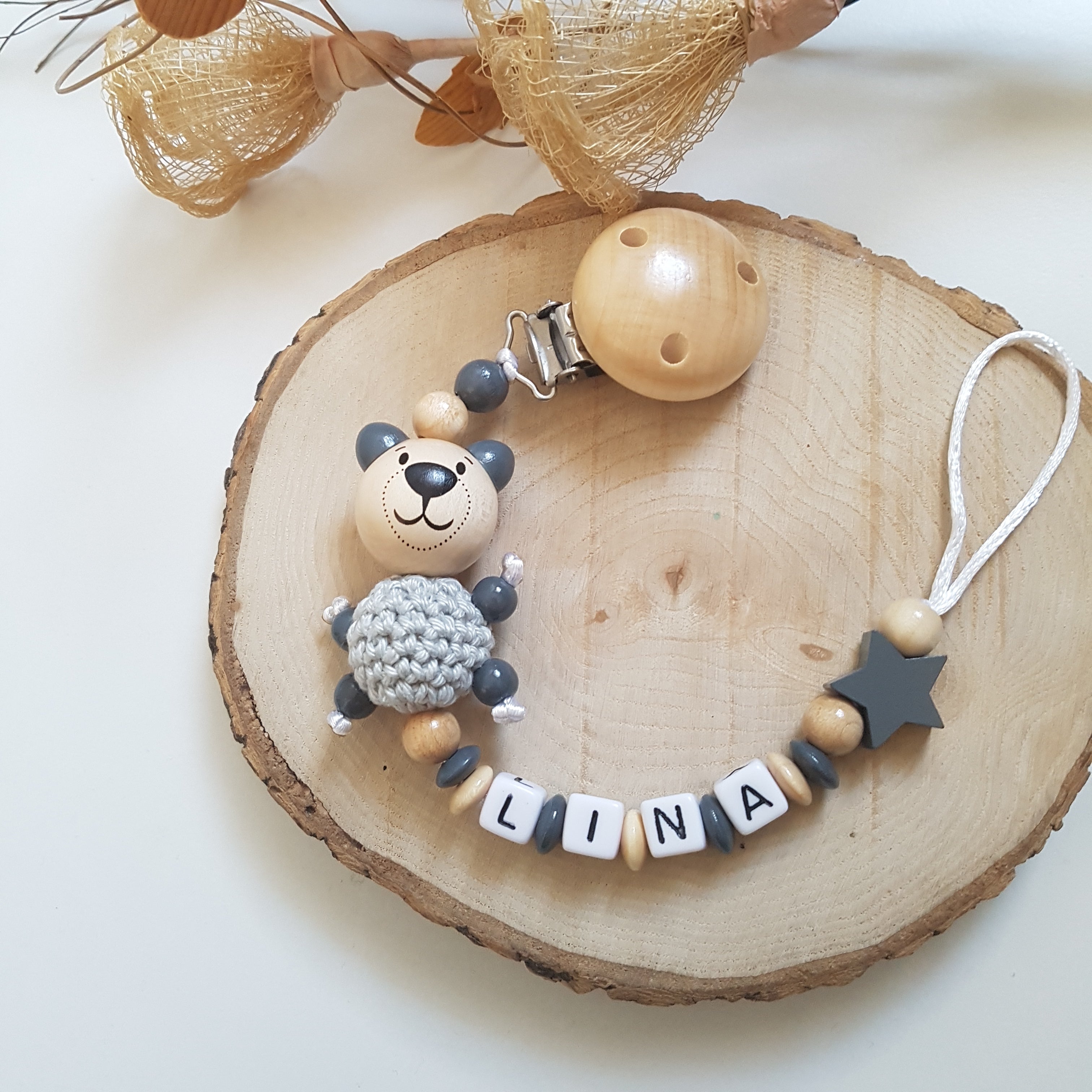 Kinderwagenkette Bär| Personalisierte Schnullerkette |Babygeschenke Set zur Geburt