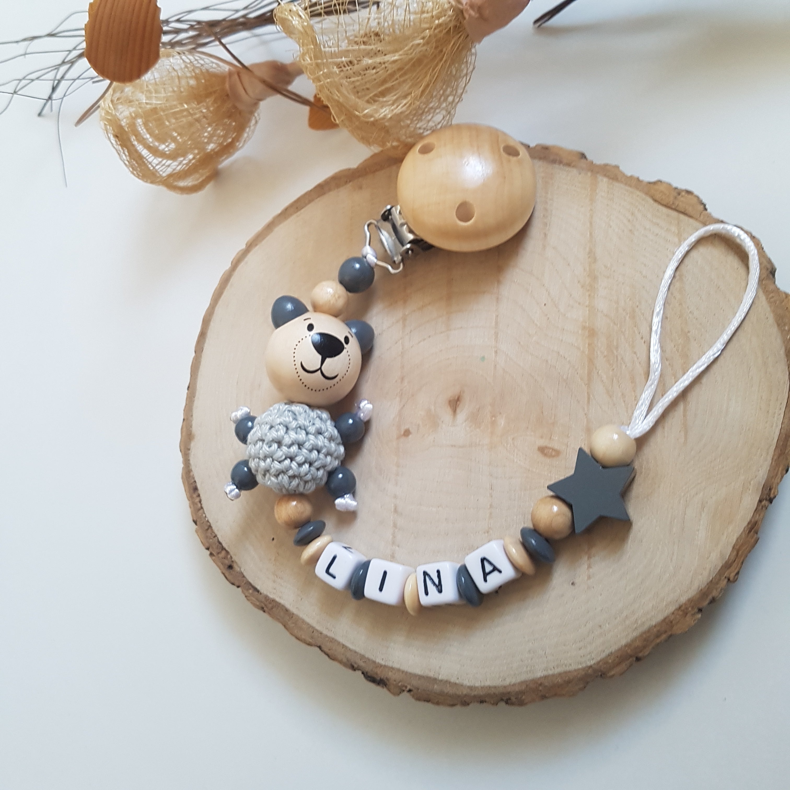 Kinderwagenkette Bär| Personalisierte Schnullerkette |Babygeschenke Set zur Geburt