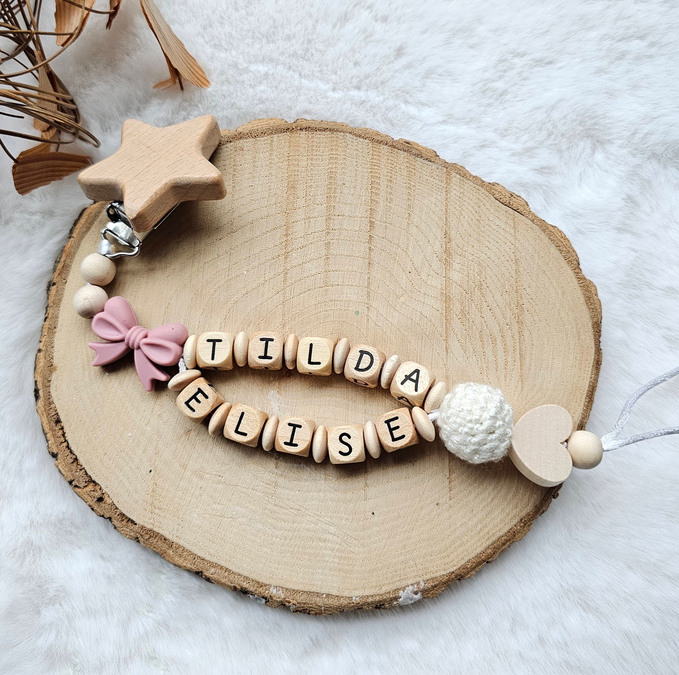 Schnullerkette mit Doppelnamen | Personalisierte Schnullerkette | Babygeschenke zur Geburt