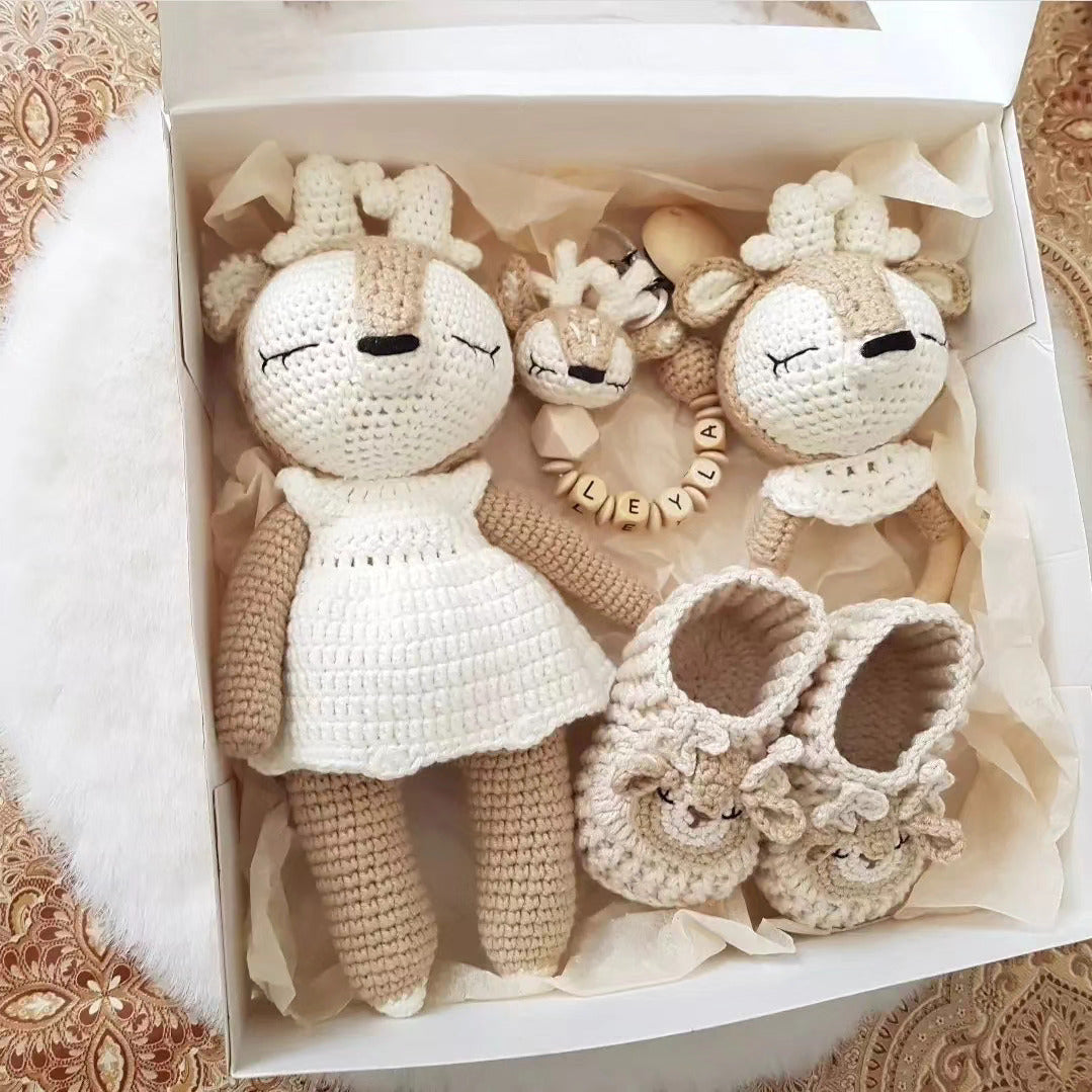 Rehkitz Babyset| Babygeschenke zur Geburt |personalisierte Schnullerkette |Greifring |Babyschuhe |Schmusetier