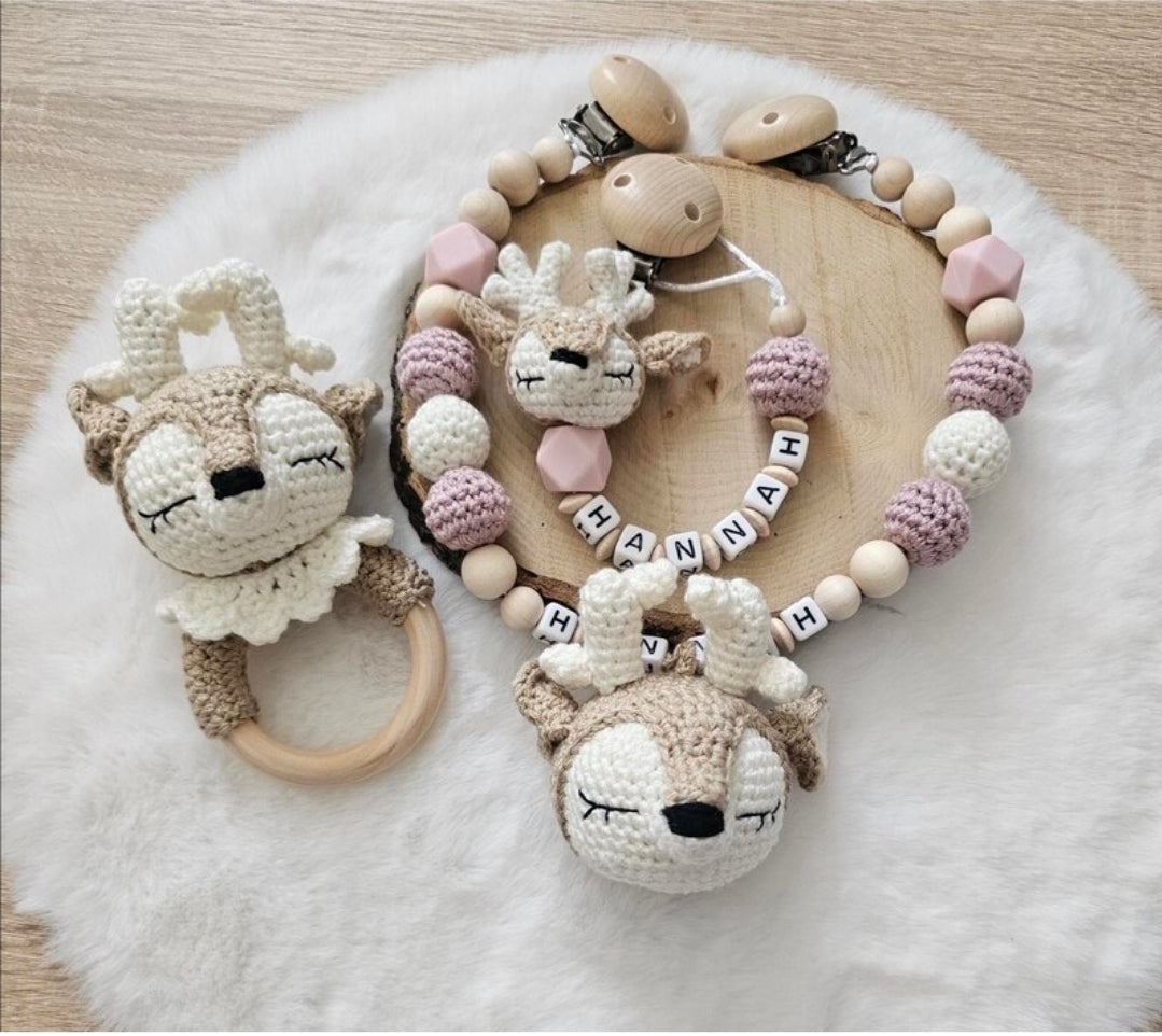 Babygeschenke Set Rehkitz | personalisierte Schnullerkette | Greifring | Taufgeschenk