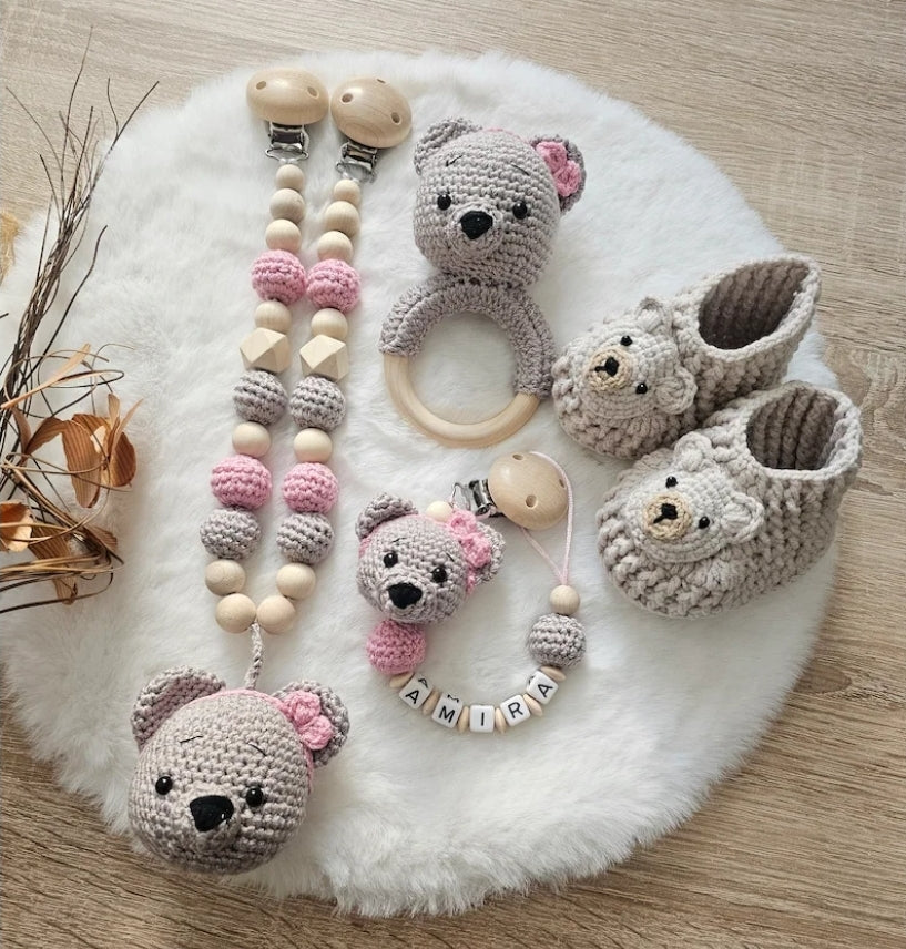 Kinderwagenkette Bär|personalisierte Schnullerkette |Greifring |Babyschuhe |Schnullerkette Mädchen