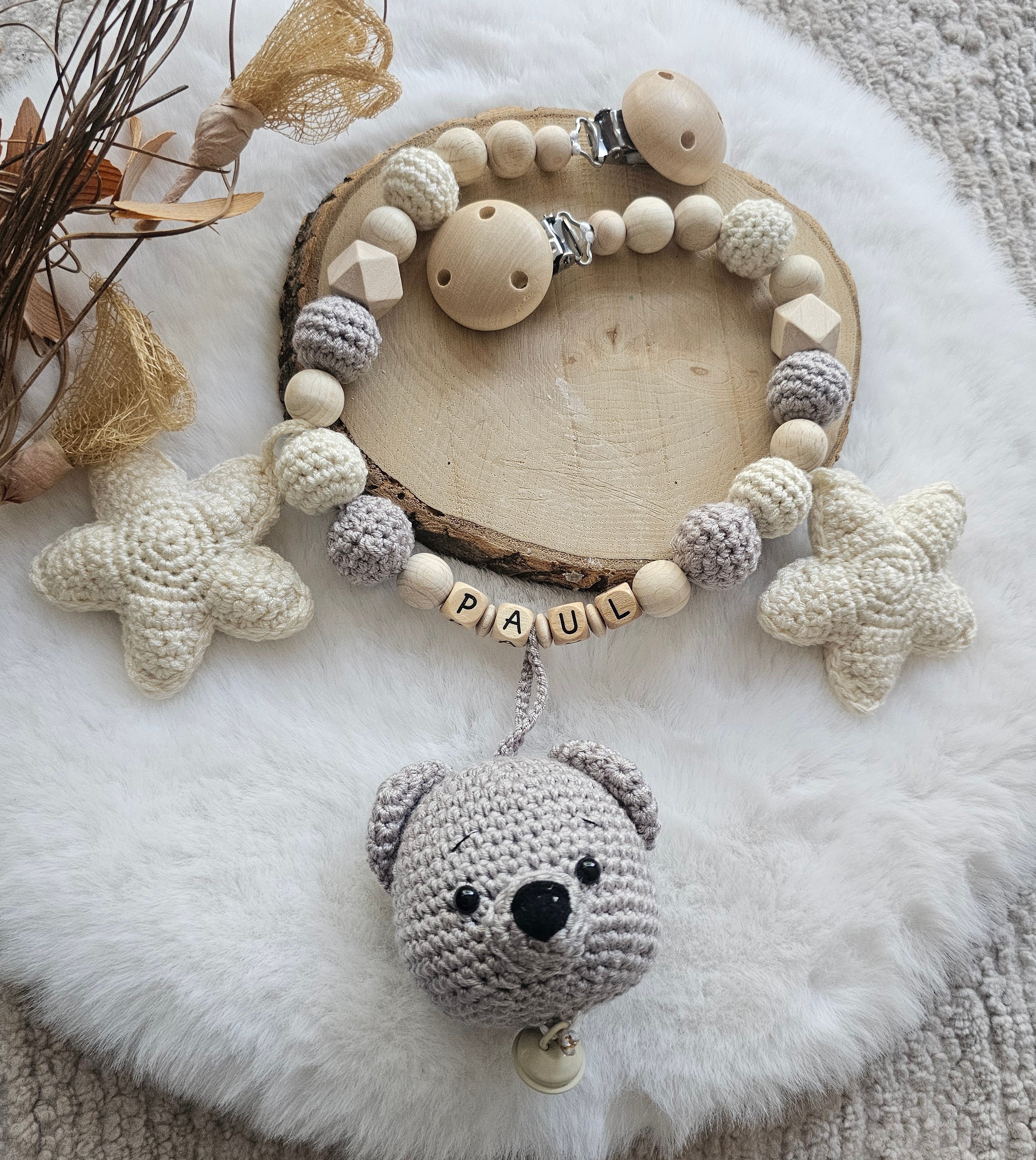 Kinderwagenkette Bär | Babygeschenke zur Geburt |Personalisierte Wagenkette