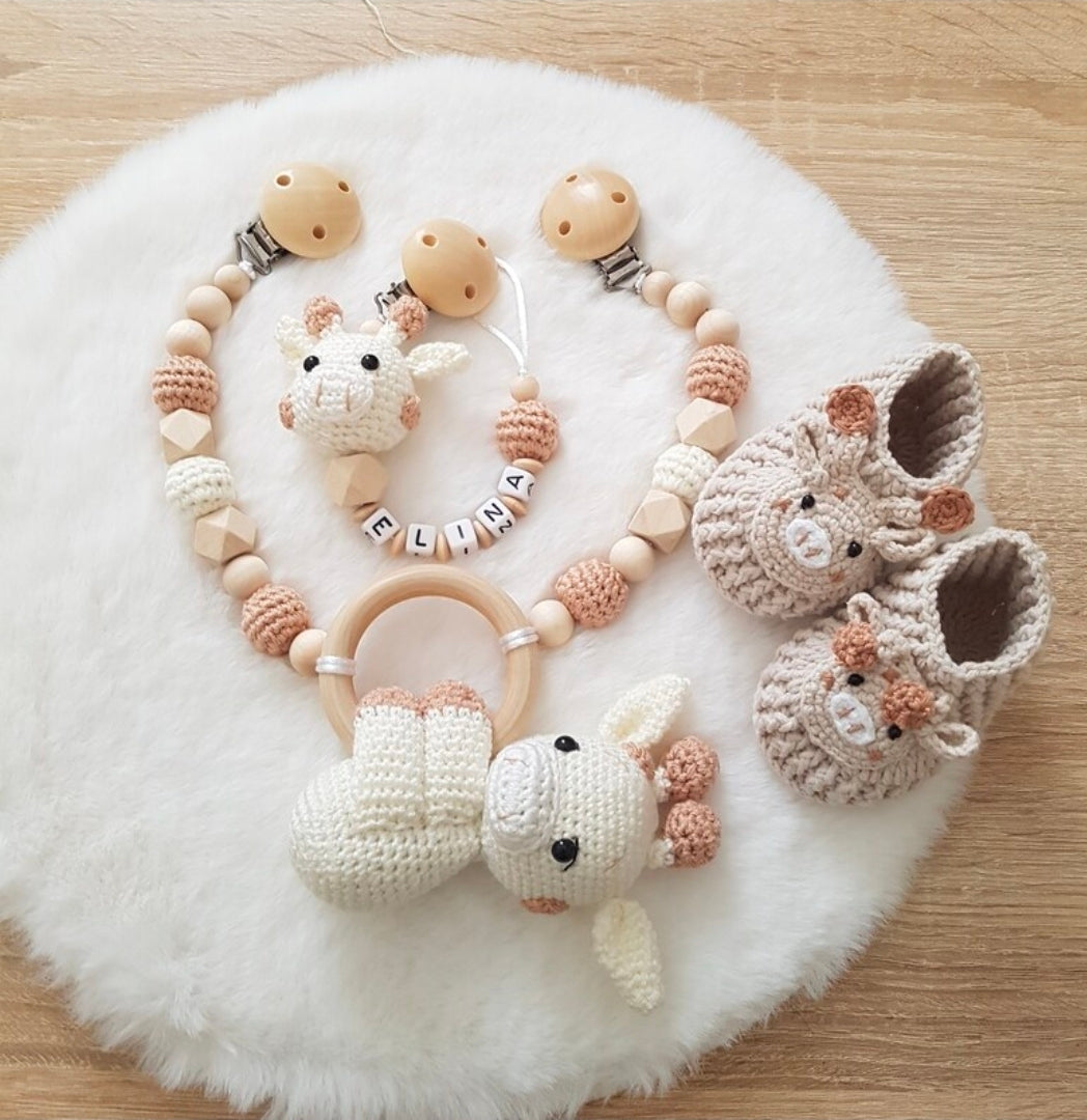 Kinderwagenkette Giraffe |personalisierte Schnullerkette |Babystrickschuhe |Babygeschenk