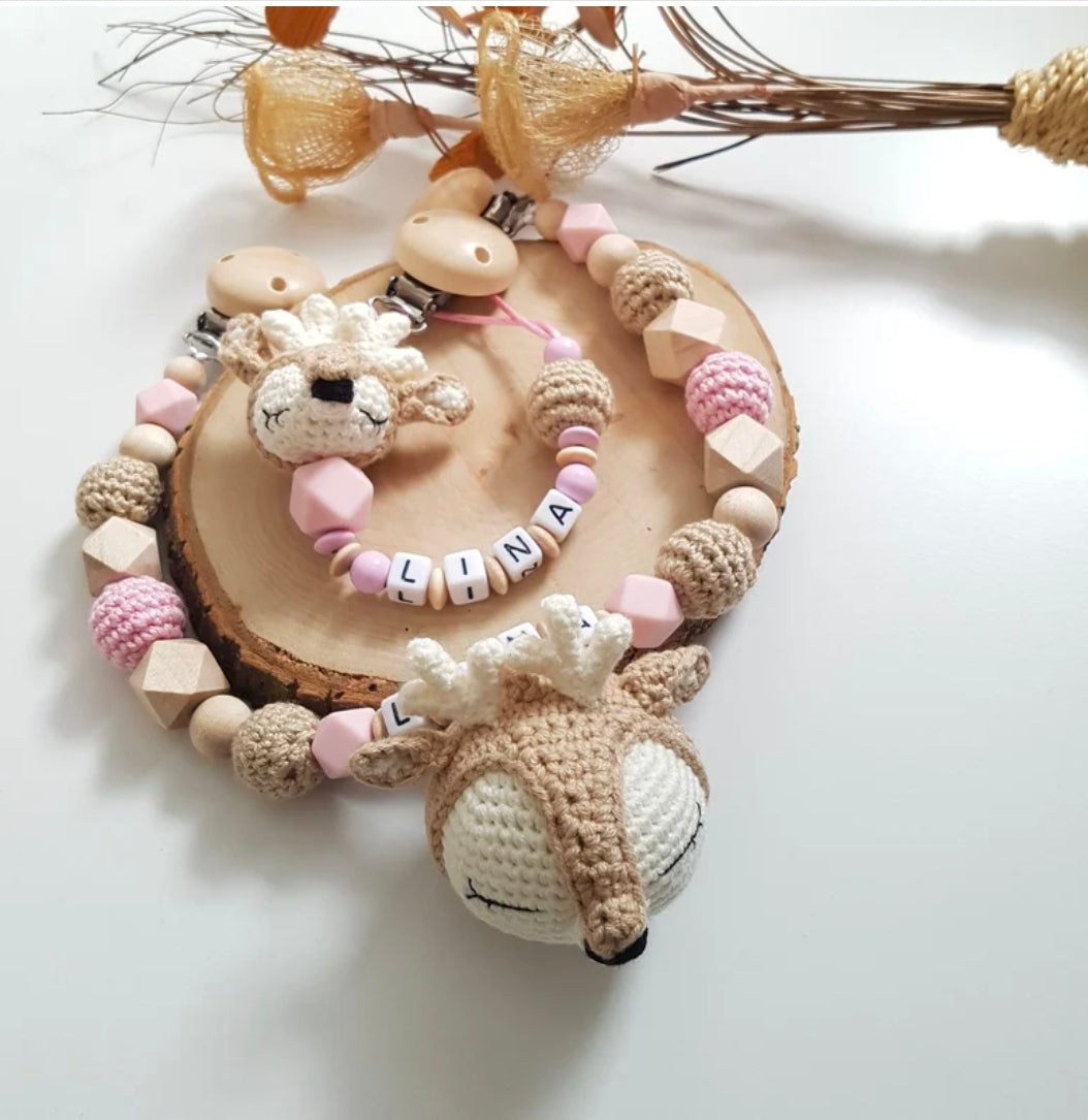 Kinderwagenkette Rehkitz | personalisierte Schnullerkette |Babygeschenke zur Geburt