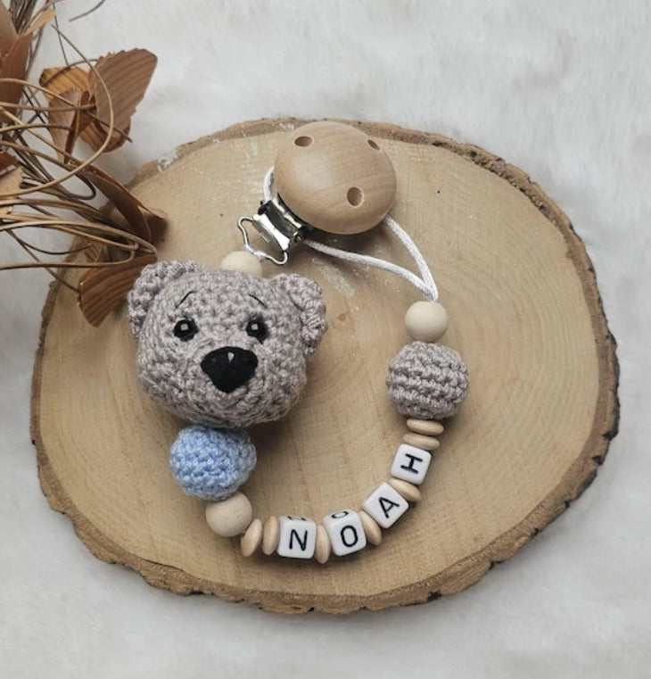 Schnullerkette mit Namen | Bär | Babygeschenke zur Geburt | personalisierte Schnullerkette