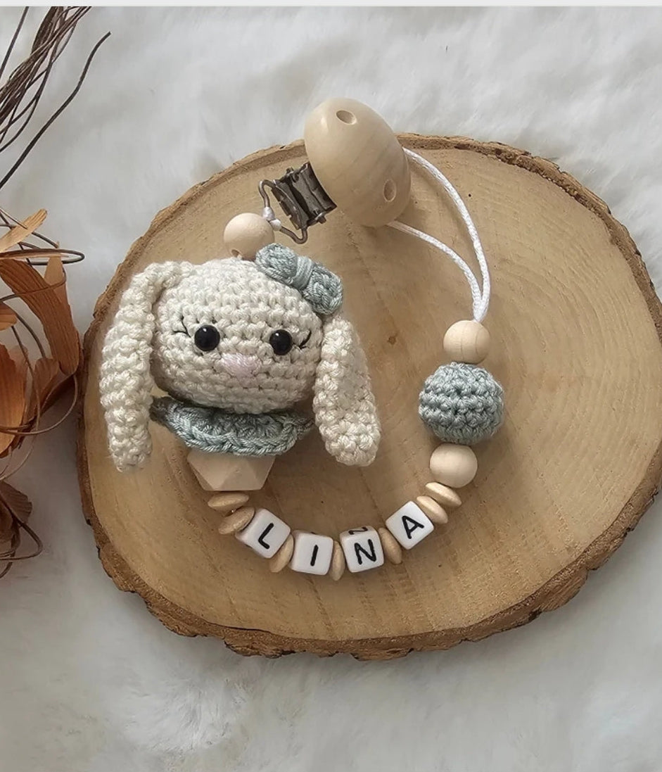 Schnullerkette mit Namen | Hase | personalisierte Namenskette | Babygeschenk zur Geburt