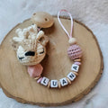 Schnullerkette Rehkitz mit Namen – braun/rosa