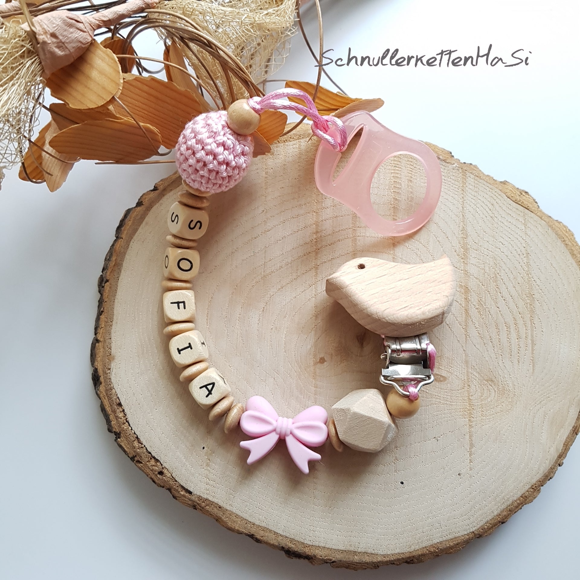 Schnullerkette mit Namen | Schleife |Personalisierte Babygeschenke