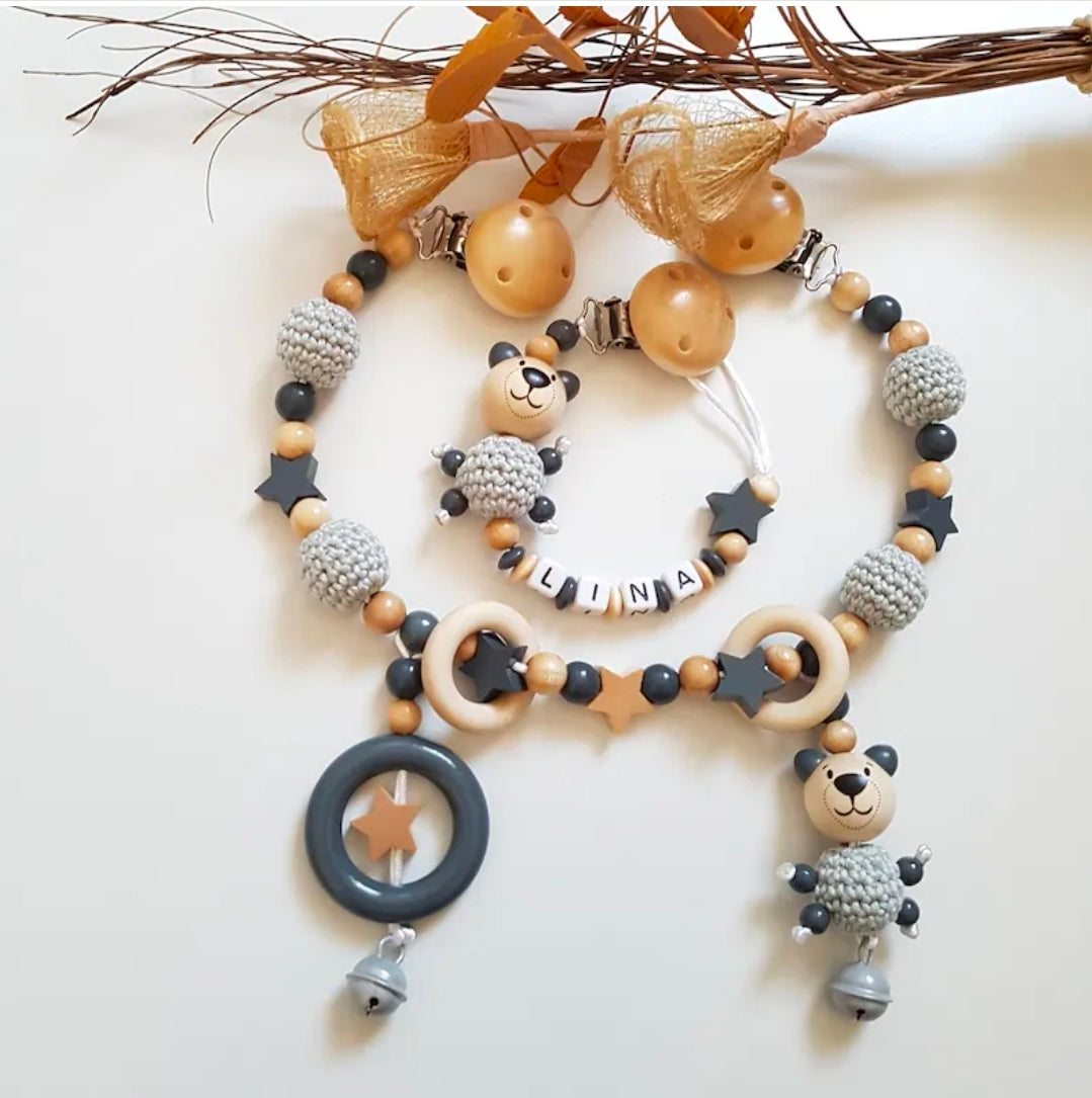 Kinderwagenkette Bär| Personalisierte Schnullerkette |Babygeschenke Set zur Geburt