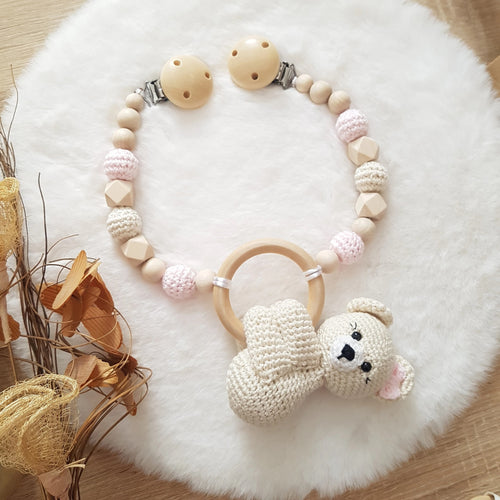 Baby Geschenkset Bär – Wagenspanner, Schnullerkette & Greifring -Rosa Mädchen