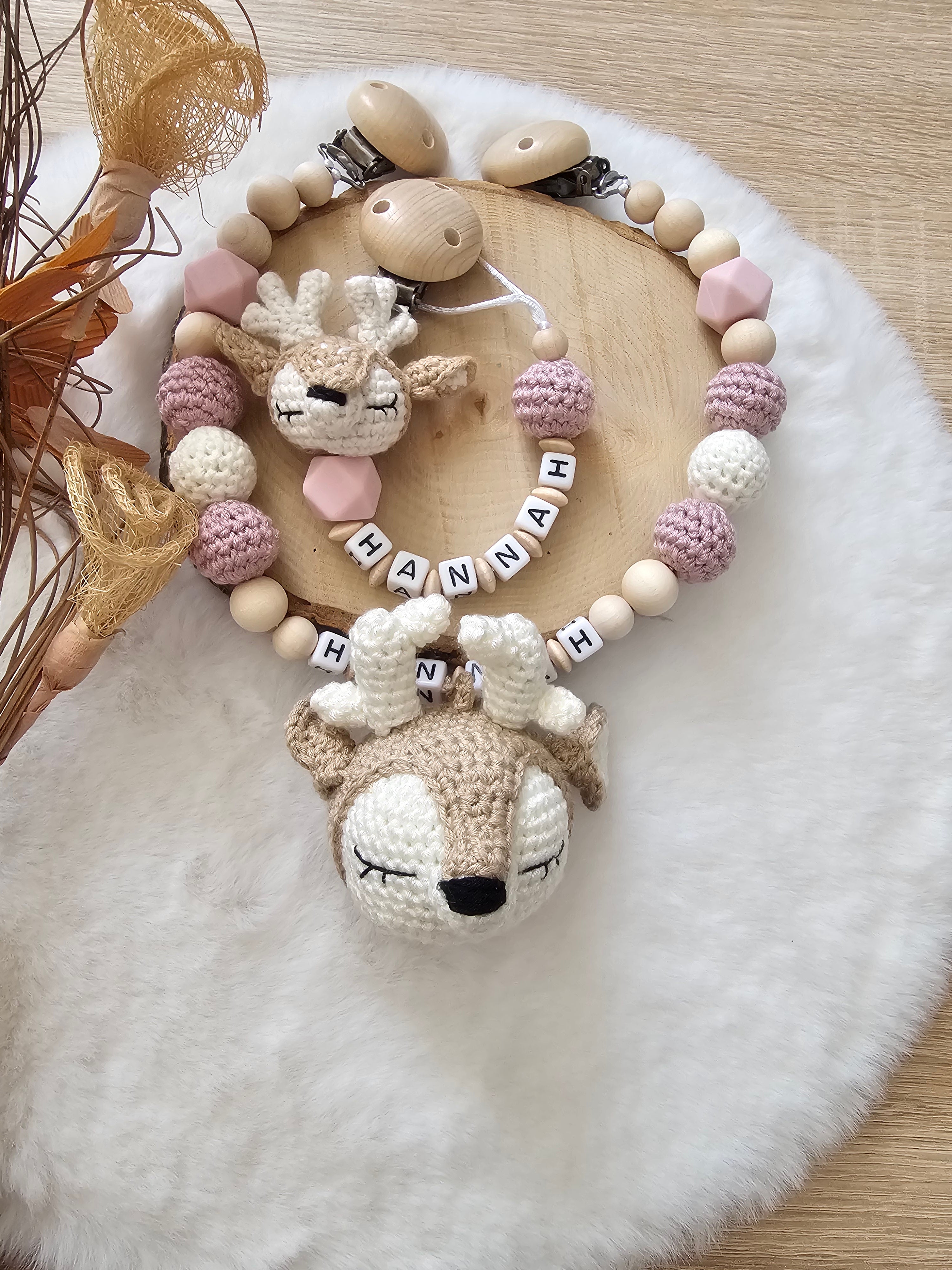 Baby Geschenkset Rehkitz – Kinderwagenkette, Schnullerkette & Greifring