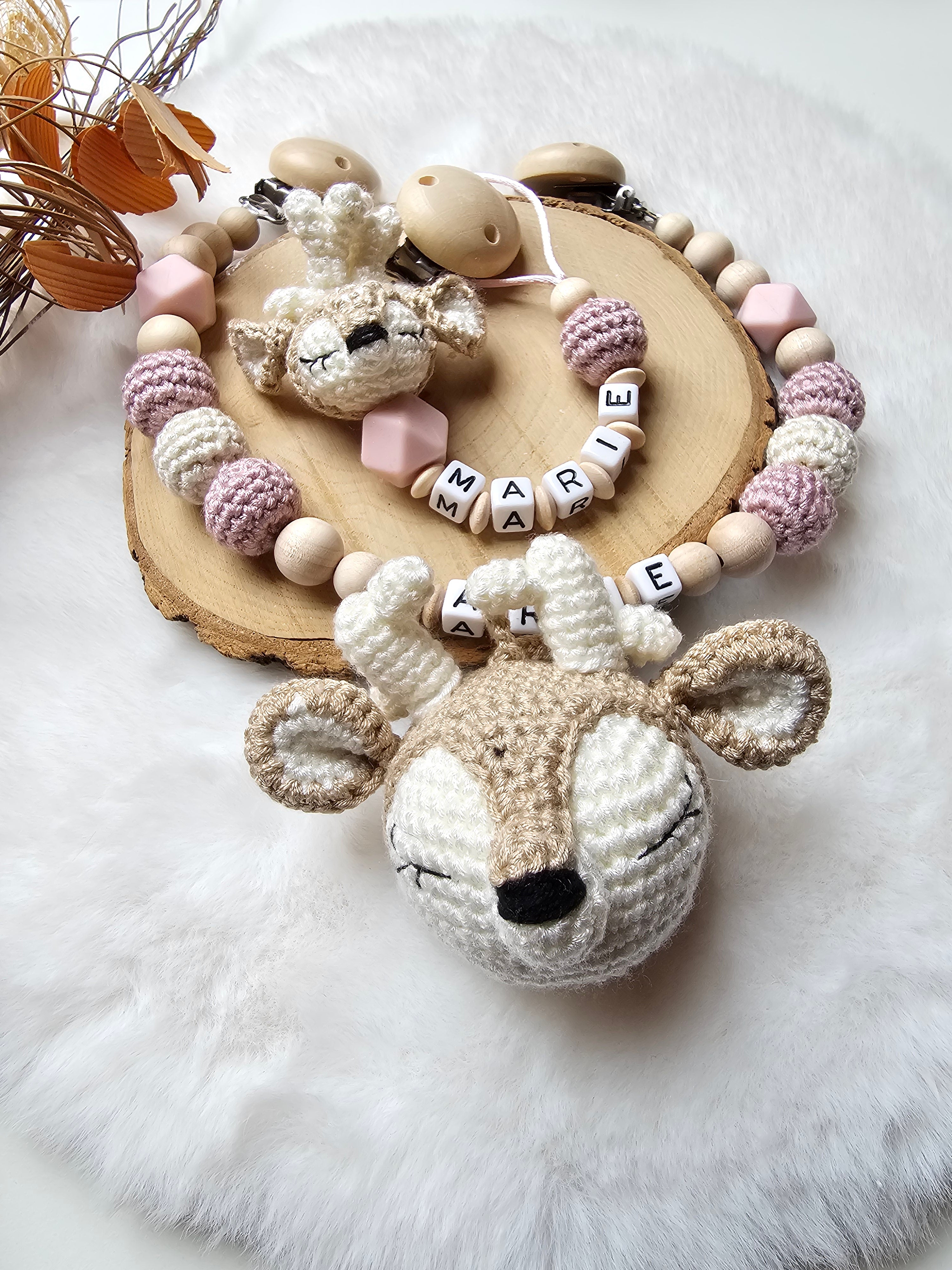 Baby Geschenkset Rehkitz – Kinderwagenkette, Schnullerkette & Greifring